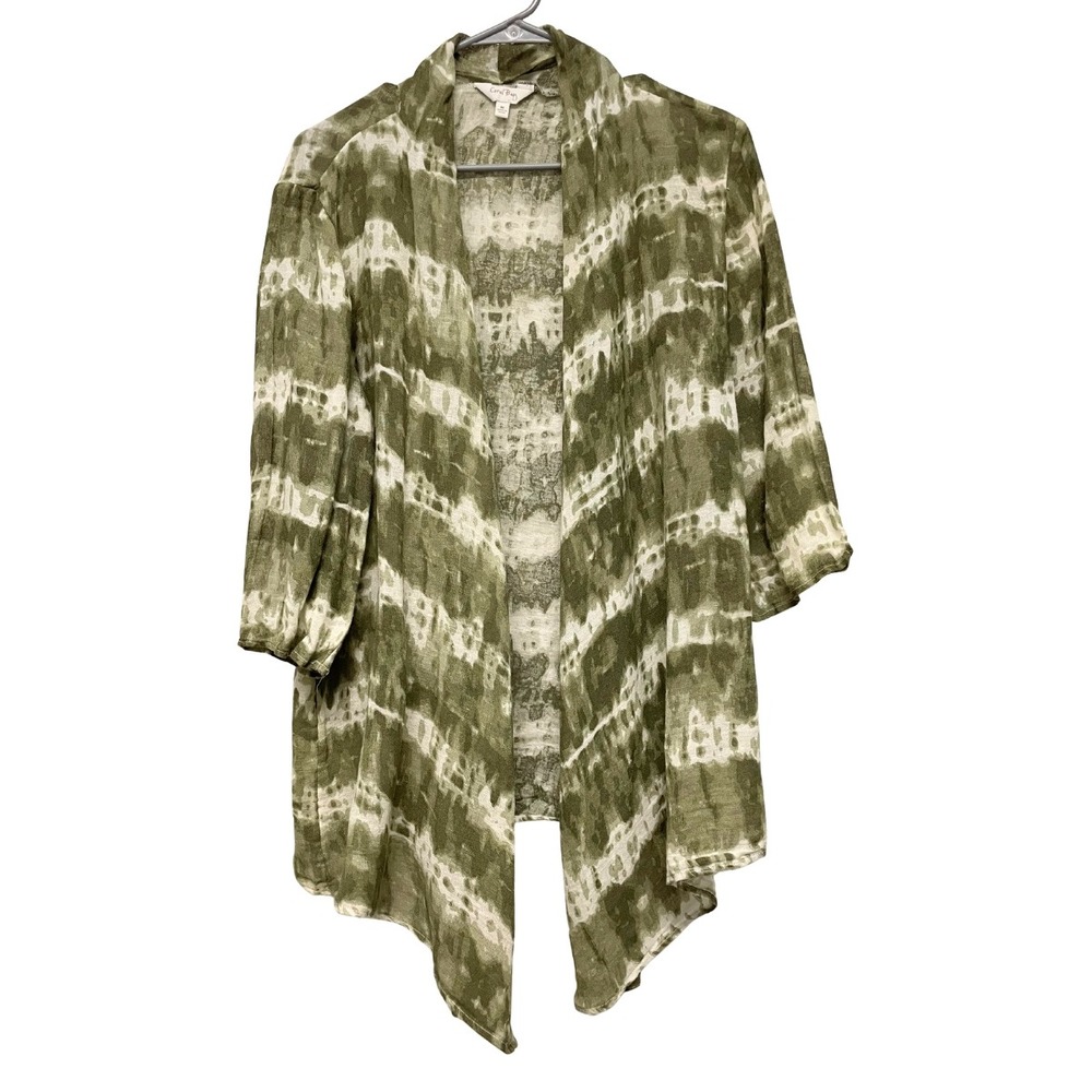 Coral Bay Cotton/Linen Olive Green Tie Dye Boho Open Front Cardigan Kimono Sz M